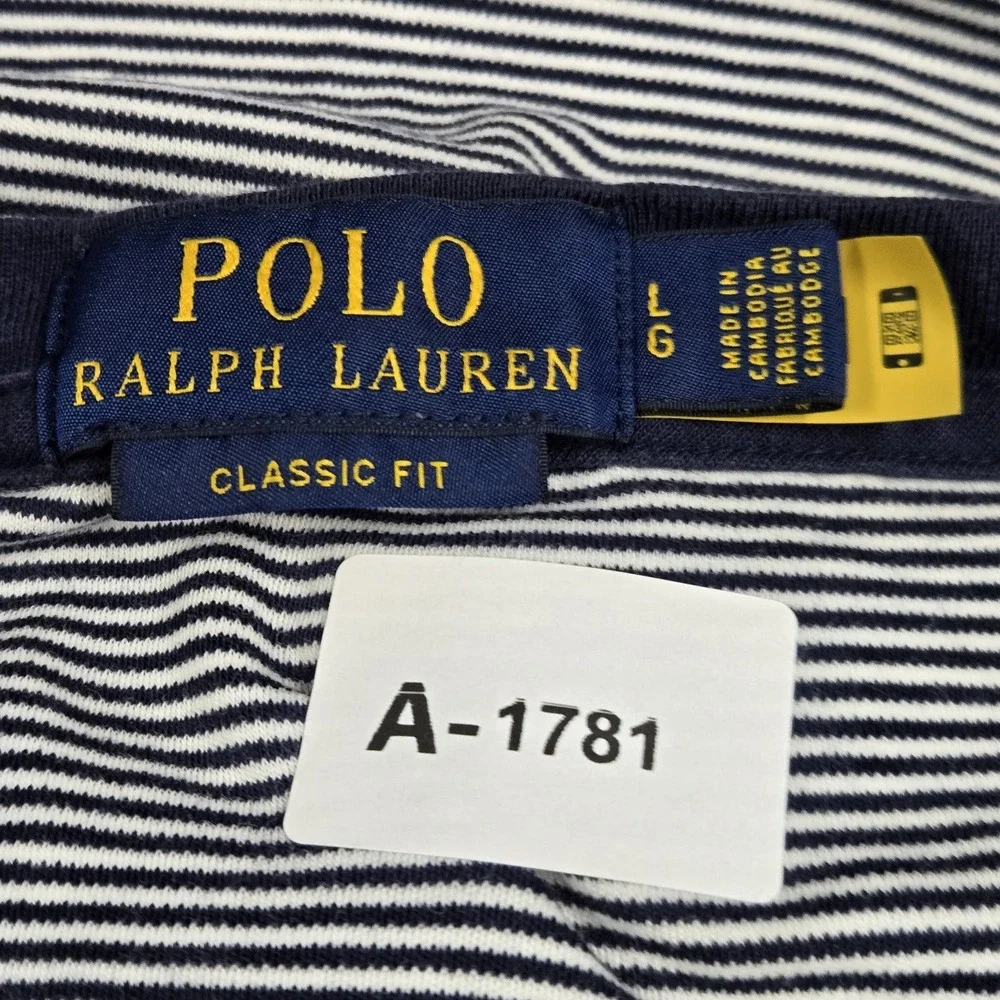 Polo Ralph Lauren Men Shirt L Navy Embroidered Striped Logo Classic Short Sleeve
